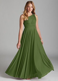 Azazie Charlize Junior Olive A-Line Mesh Dress image3