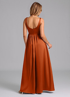 Azazie Keyla Bridesmaid Dresses Burnt Orange A-Line Pleated Stretch Satin Dress image2