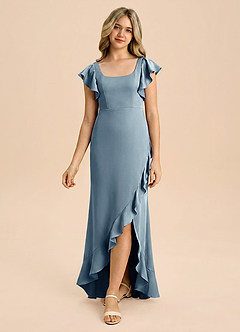 Azazie Demi Junior Vestido Azul Polvoriento de Satén Elástico de Corte Sirena con Lazo image3