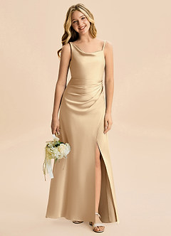 Azazie Abby Junior Champagne A-Line Pleated Stretch Satin Dress image1