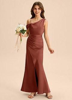 Azazie Madelyn Junior Osłona Zza ramienia Satyna elastyczna Długość podłogi Młodsza druhna Sukienka image1