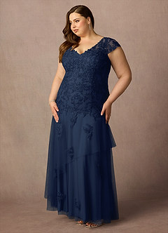 Azazie Romy vestidos de madre de la novia Vestido de Azul Marino Oscuro de Tul de Sirena con Cuello en V Lentejuelas image9