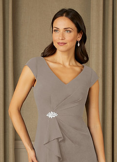 Azazie Nola Mother of the Bride Dresses Taupe Sheath V-Neck Pleated Chiffon Dress image4