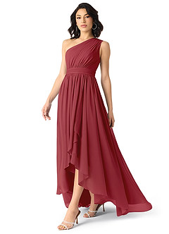 Azazie Mathilda Bridesmaid Dresses Pomegranate A-Line One Shoulder Chiffon Dress image3