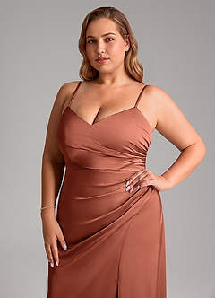 Azazie Azuree Bridesmaid Dresses Clay A-Line Pleated Stretch Satin Dress image13