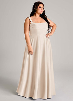 Azazie Shaude Vestidos de damas de honor Vestido de Alabastro Blanco de Satén Elástico de Corte en A con Plisado image10