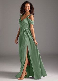 Azazie Lianne Robes de demoiselle d'honneur Robe Trapèze en Satin extensible Épaule décolletée Matcha image7