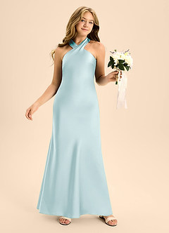 Azazie Doretta Junior Sea Glass A-Line Pleated Stretch Satin Dress image5