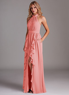 Azazie Avary Bridesmaid Dresses Coral A-Line Pleated Chiffon Dress image2