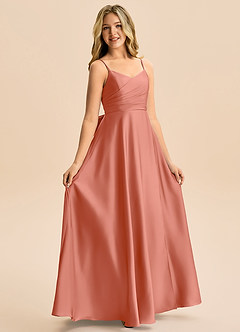 Azazie Rumi Junior Linia A Pofałdowany Satyna elastyczna Długość podłogi Młodsza druhna Sukienka image5