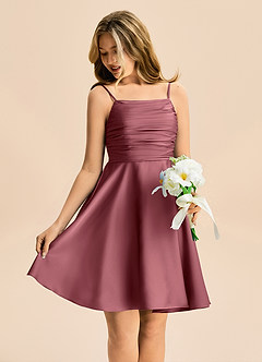 Azazie Miko Junior Vestido de Rosa Del Desierto de Satén Elástico de Corte en A con Plisado image4