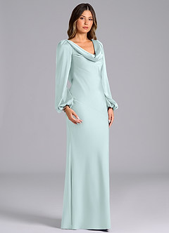 Azazie Melani Bridesmaid Dresses Sea Glass Mermaid Long Sleeve Stretch Satin Dress image3