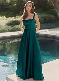 Azazie Shaude Robes de demoiselle d'honneur Robe Trapèze en Satin extensible Plissée Paon image4