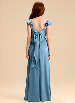 Azazie Everett Junior Steel Blue A-Line Bow Stretch Satin Dress image2