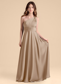 Azazie Charlize Junior Taupe A-Line Pleated Stretch Satin Dress image4