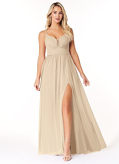 Azazie Rayna Bridesmaid Dresses Champagne A-Line V-Neck Pleated Chiffon Dress image1