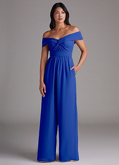 Azazie Lamara Bridesmaid Dresses Royal Blue Off the Shoulder Chiffon Convertible Jumpsuit image1