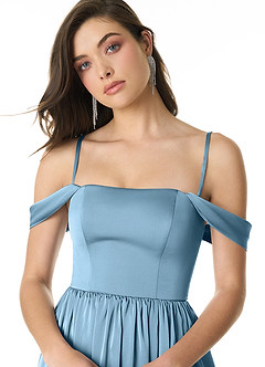 Azazie Morana Bridesmaid Dresses Steel Blue A-Line Off the Shoulder Stretch Satin Convertible Dress image6