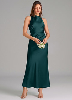 Azazie Evadne Vestidos de damas de honor Vestido de Pino de Satén Elástico de Corte Recto con Plisado image3