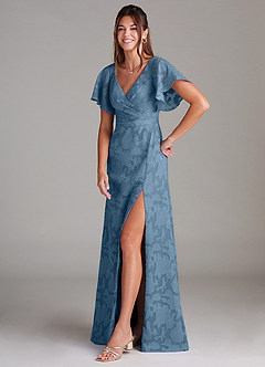 Azazie Ambrosia Bridesmaid Dresses Steel Blue A-Line Pleated Floral Burnout Dress image4