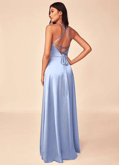 Azazie Mei Brautjungfernkleider A-Linie V-Hals Stretch-Satin Kleid Eis image2