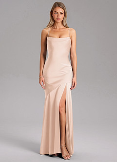 Azazie Grata Bridesmaid Dresses Blushing Pink Sheath Side Slit Stretch Satin Dress image3