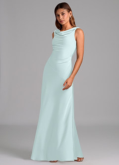 Azazie Nerine Robes de demoiselle d'honneur Robe Trapèze en Satin extensible Plissée Verre De Mer image4