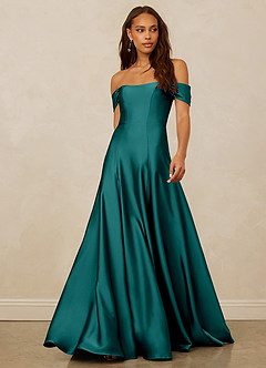 Christian Siriano Bridal for Azazie 1002 Brautjungfernkleider Wandelbar A-Linie Schulterfrei Stretch-Satin Kleid Pfau image1