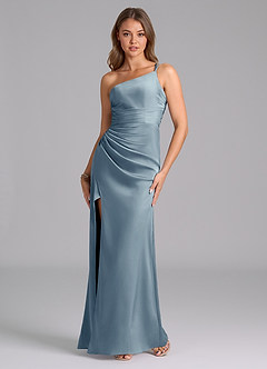 Azazie Eren Bridesmaid Dresses Dusty Blue Mermaid One Shoulder Stretch Satin Dress image5