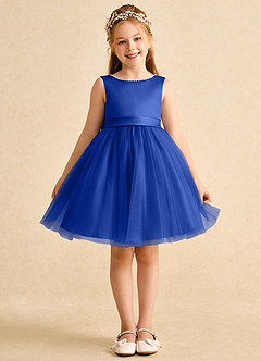 Azazie Jani vestidos de niña de las flores Vestido de Azul Real de Tul de Corte En A con Lazo image4