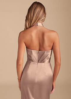 Azazie Zaya Bridesmaid Dresses Taupe Sheath Pleated Metallic Satin Dress image2