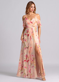 Azazie Dakota Bridesmaid Dresses Abstract Bouquet Floral A-Line V-Neck Pleated Chiffon Dress image3