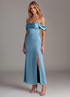 Azazie Saige Bridesmaid Dresses Steel Blue Mermaid Off the Shoulder Stretch Satin Dress image4