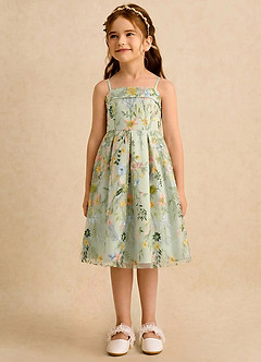Azazie Meadow Girls Formal Final Sale Dusty Sage A-Line Pleated Lace Dress image3