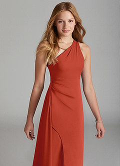 Azazie Maron Junior Rust A-Line Pleated Stretch Satin Dress image3
