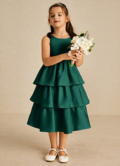 Azazie Margery Flower Girl Dresses Emerald A-Line Bow Stretch Satin Dress image2