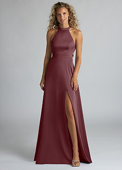 Azazie Clarice Bridesmaid Dresses Sangria A-Line High Neck Stretch Satin Dress image4