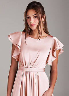 Azazie Daphne Modest Bridesmaid Dresses A-Line Ruched Stretch Satin Floor-Length Dress image5
