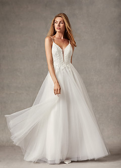 Azazie Celandine Wedding Dresses Diamond White A-Line V-Neck Sequins Tulle Dress image6