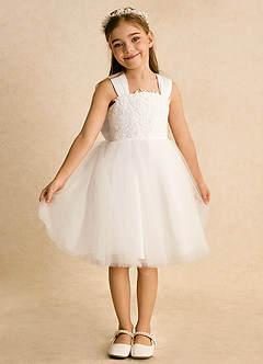 Azazie Dimple Flower Girl Dresses Ivory White Alabaster Ball-Gown Lace Tulle Dress image4