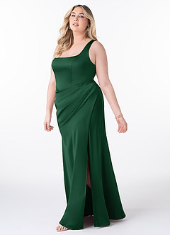 Azazie Mero Vestidos de damas de honor Vestido de Verde Oscuro de Satén Elástico de Corte Recto con Plisado image7
