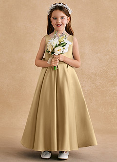 Azazie Honey Bear Flower Girl Klänningar Klänning A-Line i Matt satäng Plisserad image3
