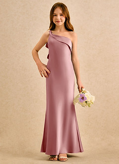 Azazie Almond Girls Formal Abiti da Ragazza di Fiori Abito Tubino in Raso Elasticizzato Monospalla Rosa Polverosa image4