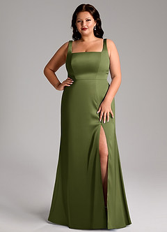 Azazie Frostine Bridesmaid Dresses Olive A-Line Bow Stretch Satin Dress image14