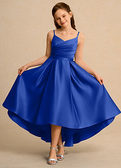 Azazie Sweets Junior Formal Flower Girl Dresses Royal Blue A-Line Pleated Matte Satin Dress image4