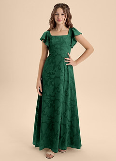 Azazie Bondi Junior Vestido de Verde Oscuro de Devorado Floral de Corte en A con Lazo image4