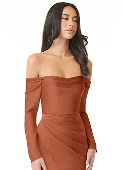 Azazie Hallie Bridesmaid Dresses Cedar Rose Sheath Off-The-Shoulder Long Sleeve Stretch Satin Convertible Dress image1