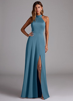 Azazie Myra Bridesmaid Dresses Bermuda A-Line Side Slit Stretch Satin Dress image1