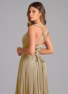 Azazie Francis Bridesmaid Dresses Golden Tan A-Line Corset Velvet Dress image2