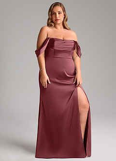 Azazie Saige Bridesmaid Dresses Desert Rose Sheath Off the Shoulder Stretch Satin Dress image13